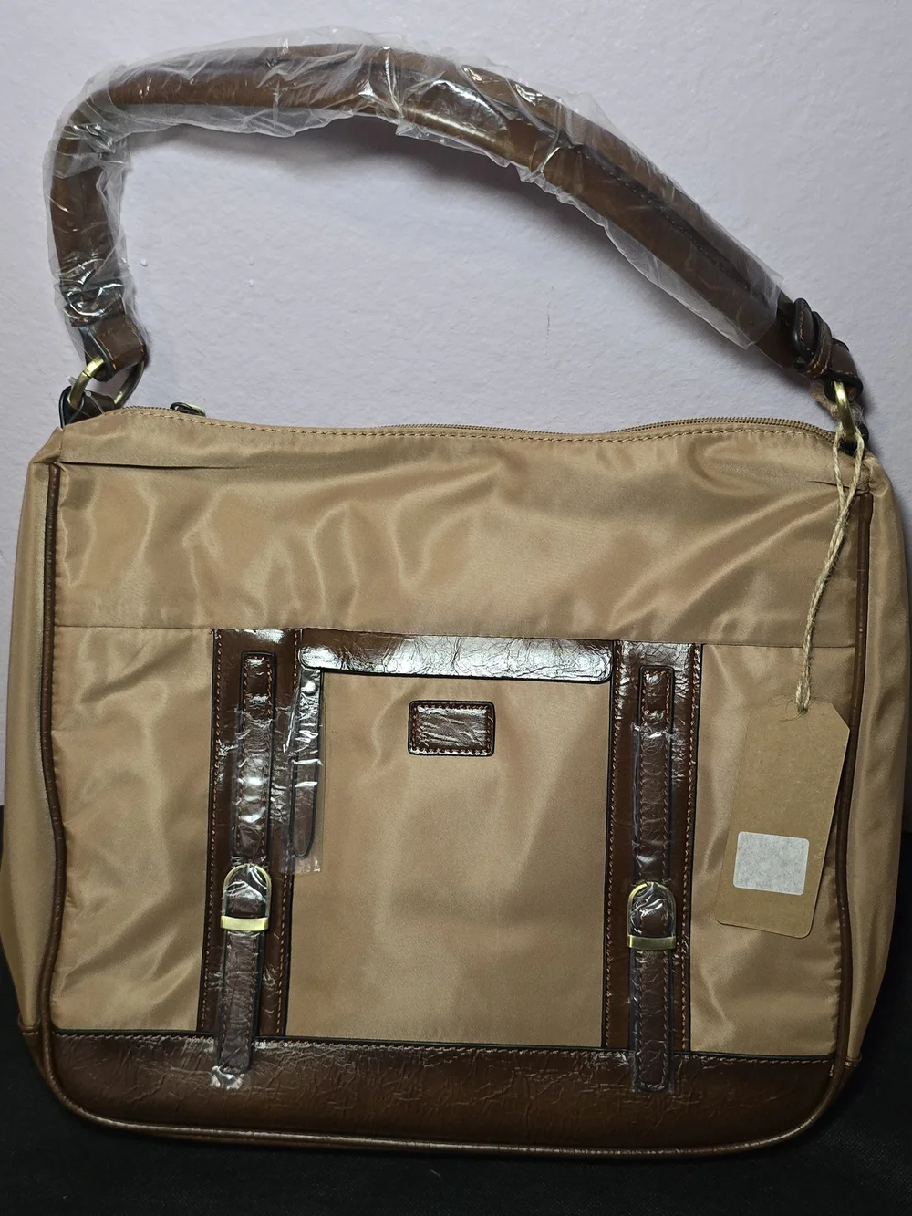 Men's Tan Shoulder Laptop Bag with Brown Trim - Classic Travel Satchel